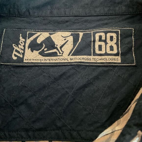 Thor 68 Shirt Button Down Plaid Tan Blue White Short Sleeve Graphic Logo Men XL - Picture 6 of 13